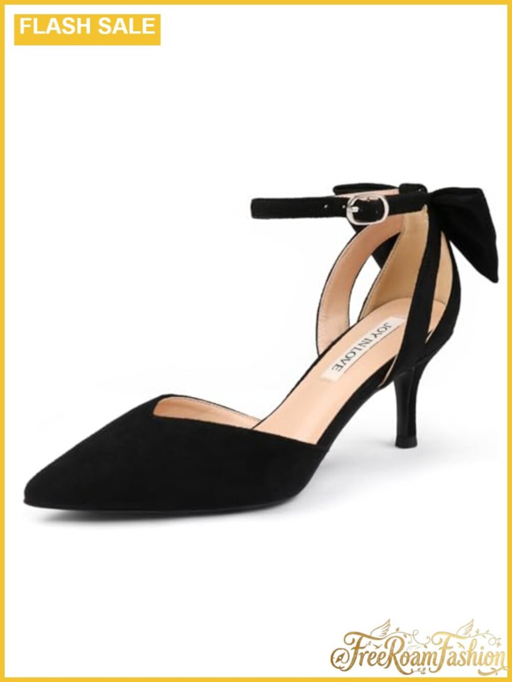 Faux Suede Kitten Heel Pointed Toe Pumps with Bow Ankle Strap